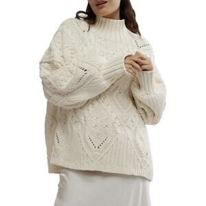 Free People Heart You Oversize Turtleneck Sweater Heart Knit Sz XS Ivory Chunky